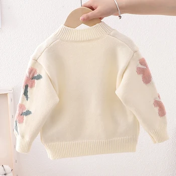 2022 Есенно-зимния Вязаный пуловер с цветна декорация, дрехи за момичета с дълги ръкави, Детски дрехи за момичета от 2 до 6 години